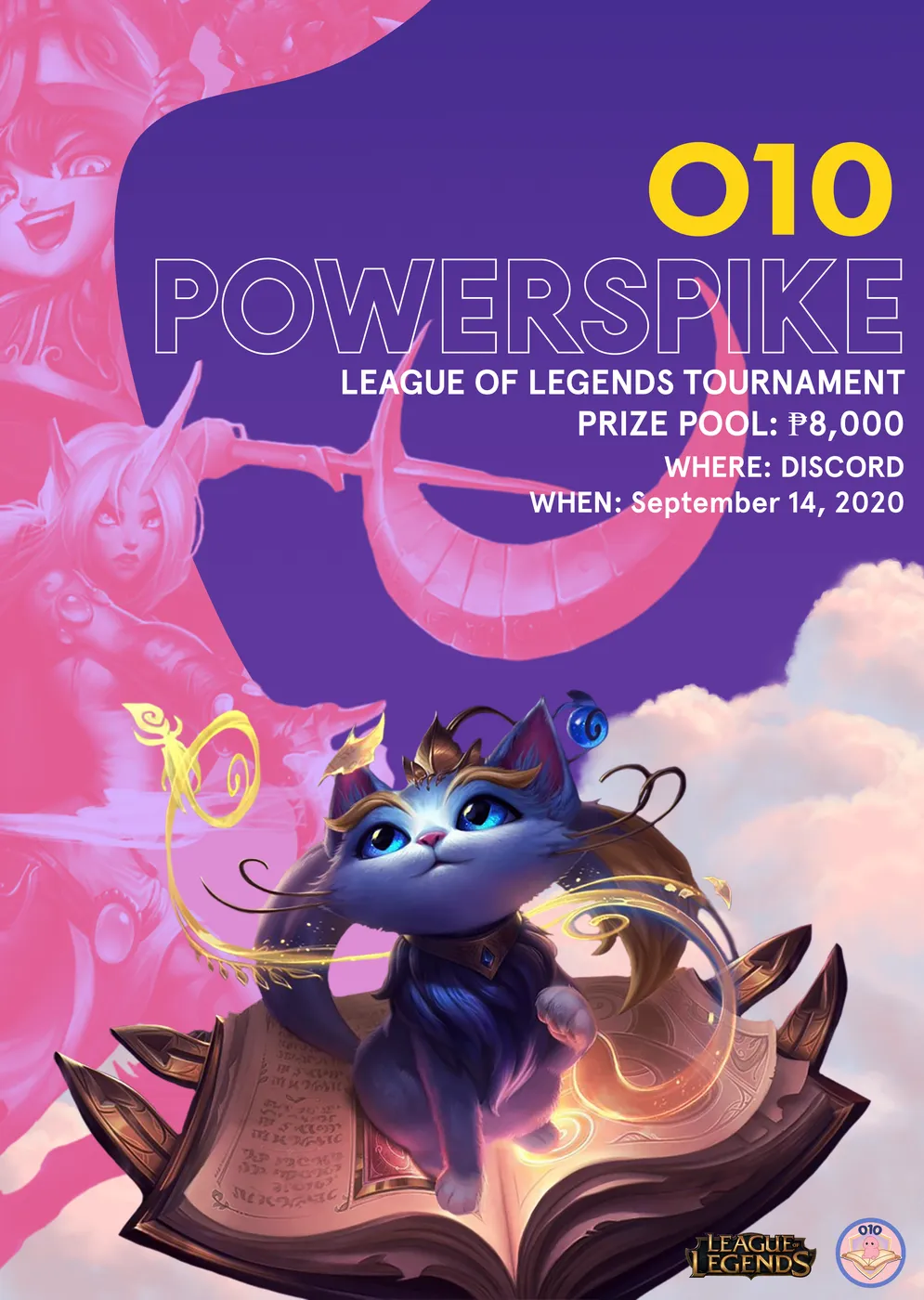 O10 Powerspike tournament poster with Yuumi on a spellbook