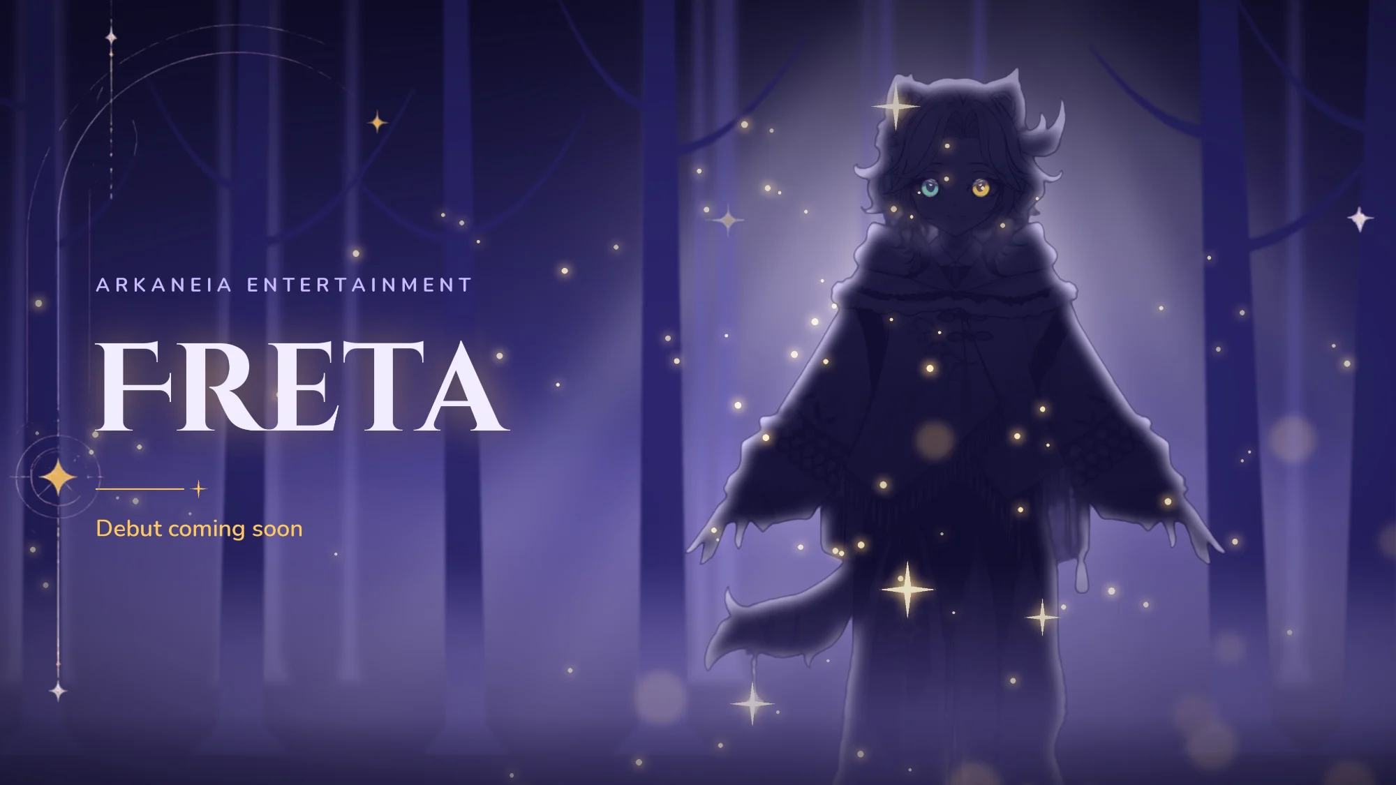 Freta in silhouette in a starlit forest, one teal eye and one gold, with the words Debut coming soon