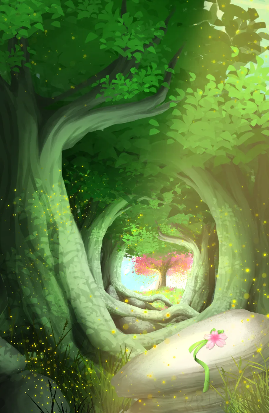 Krisna's glade, a firefly-lit forest opening onto a blooming sakura tree