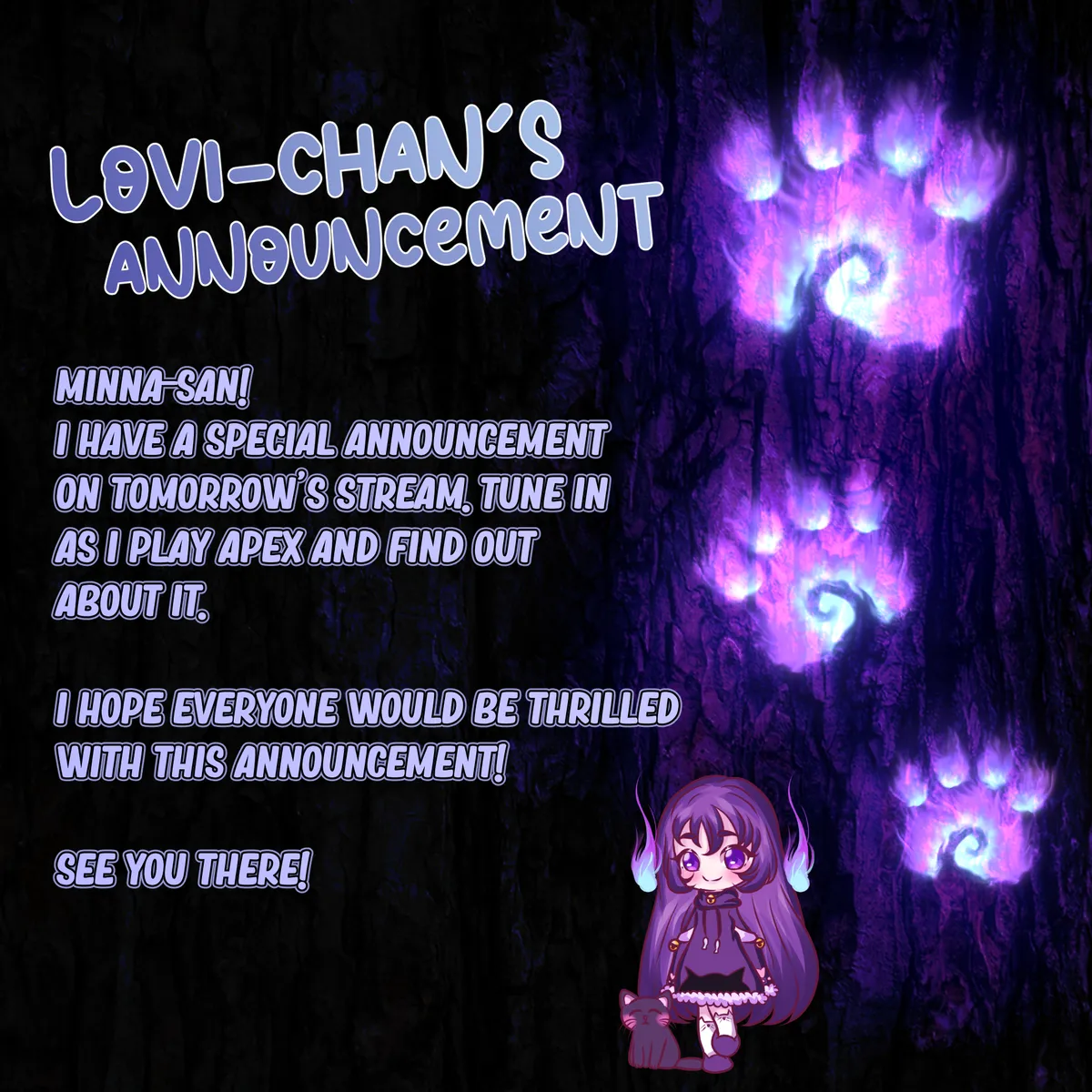 Announcement art with glowing paw prints on a dark tree