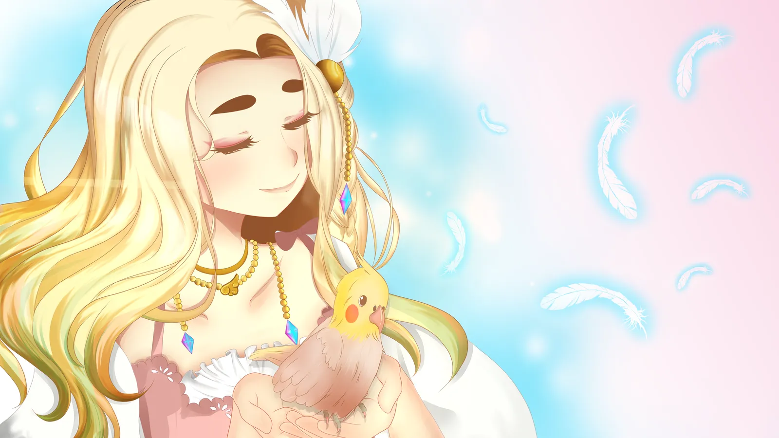 Nikki cuddling her cockatiel while feathers drift around them