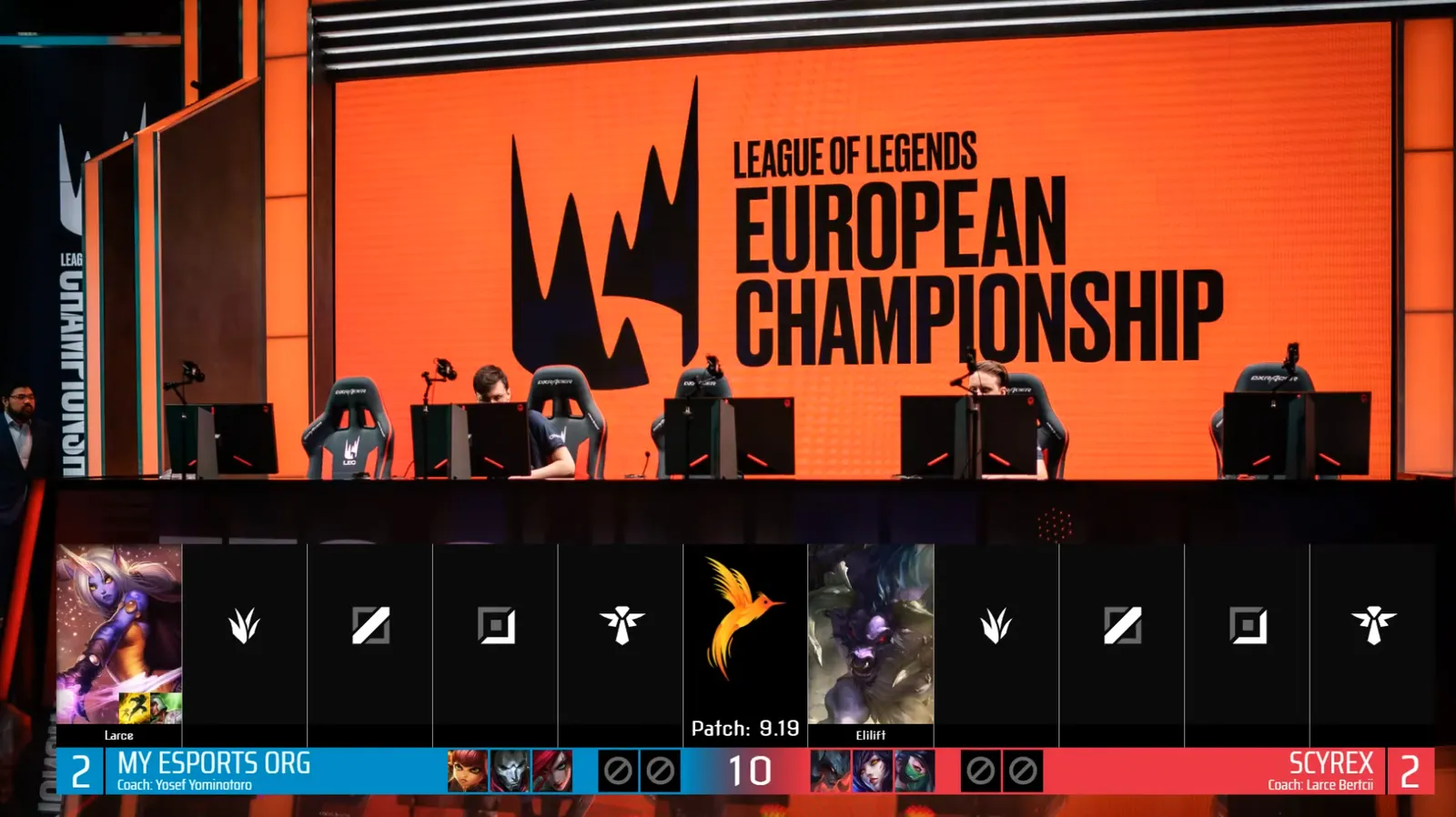 Pick and ban overlay running under the League of Legends European Championship stage