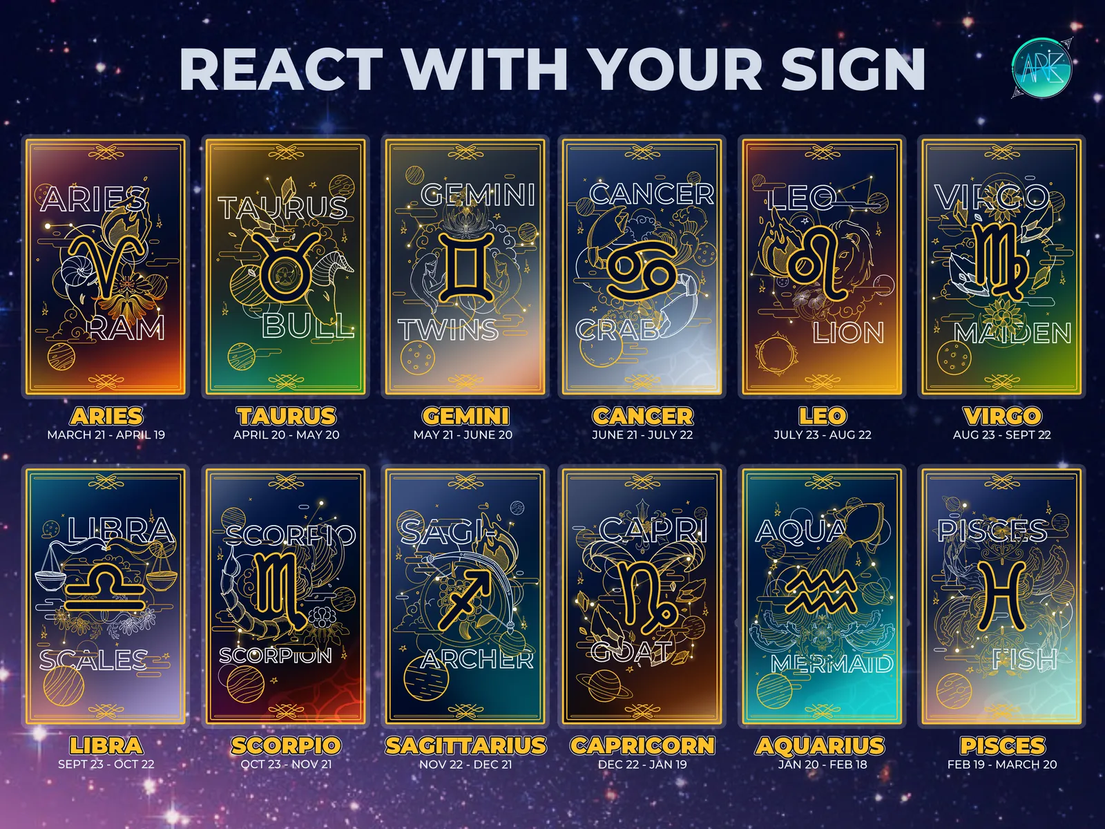 Zodiac reaction cards for all twelve signs